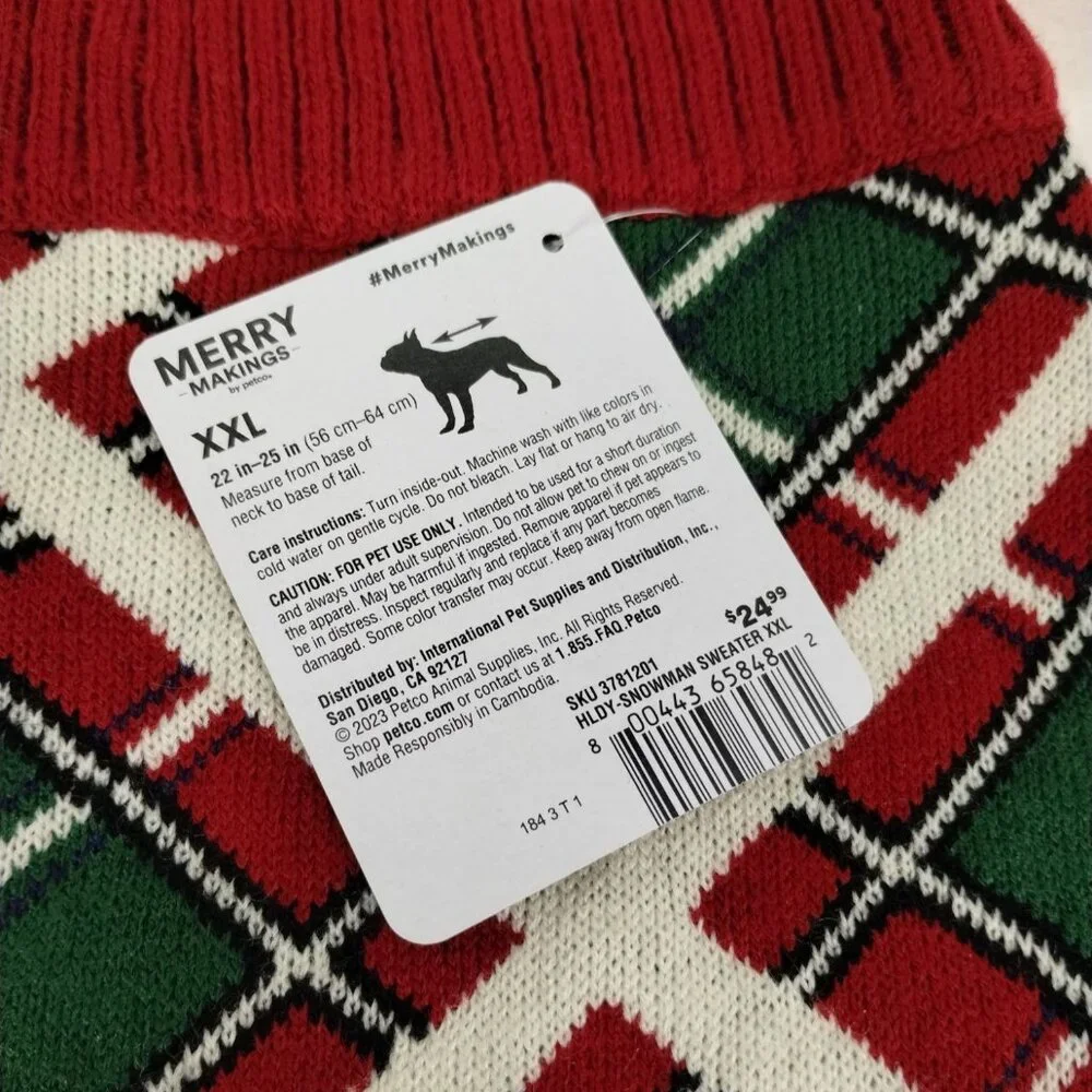 Merrry Makings Dog XXL Holiday Snowman Pet Sweater Red and Green Tartan Plaid